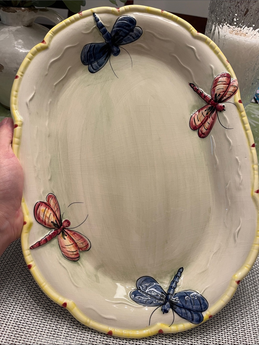 Hand-Painted Ceramic Dragonfly Platter in Cream, Yellow, Blue & Pink